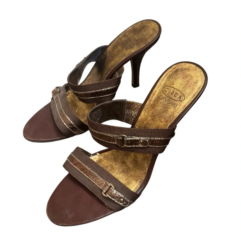 CIRCA JOAN & DAVID Leather And Canvas SZ 8 Open Toe Heel 2 Strap Y2K Bronze EUC
